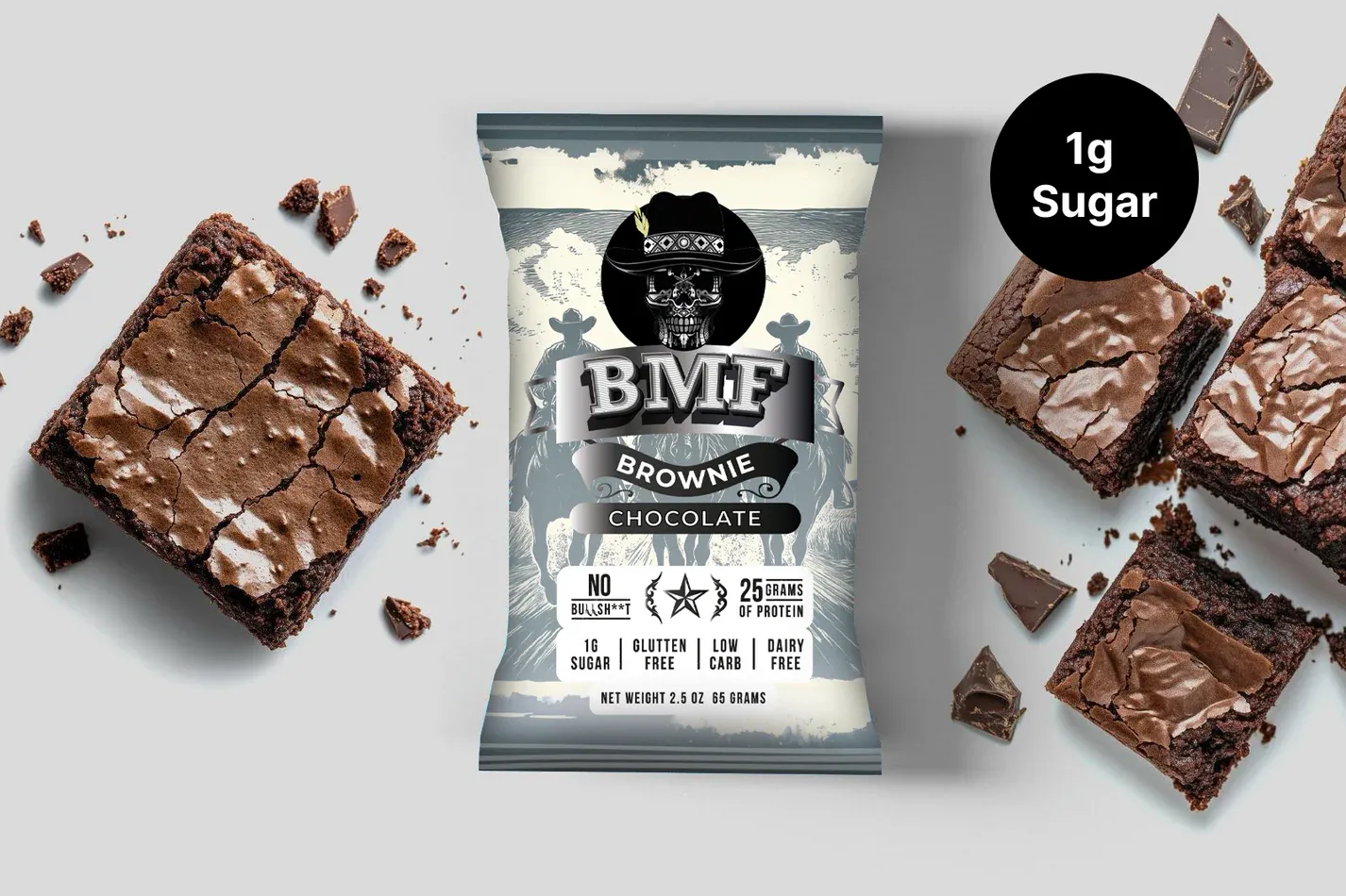 BMF Brownie package surrounded by chocolate brownies