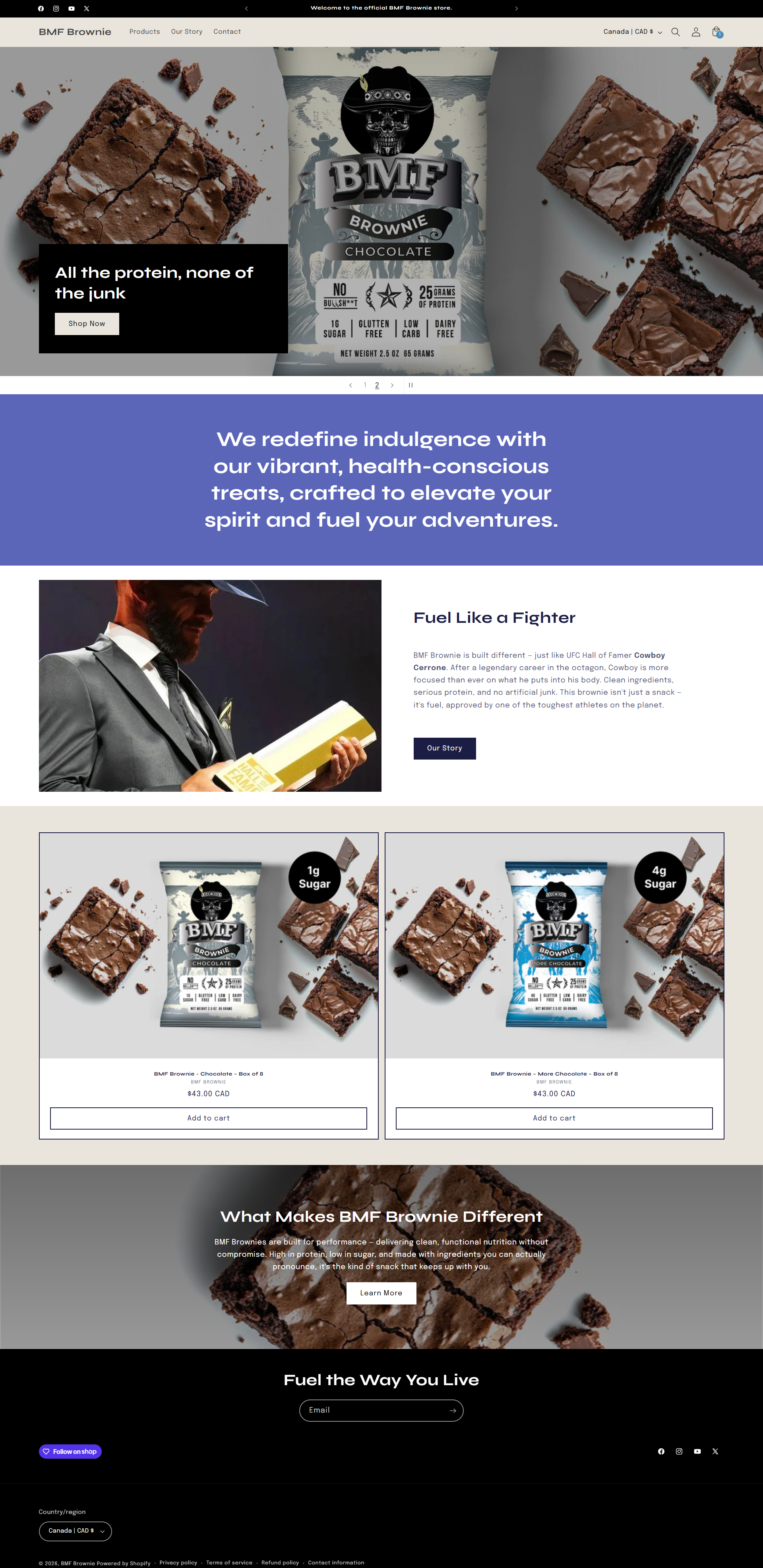 Desktop view of the BMF Brownie Shopify storefront