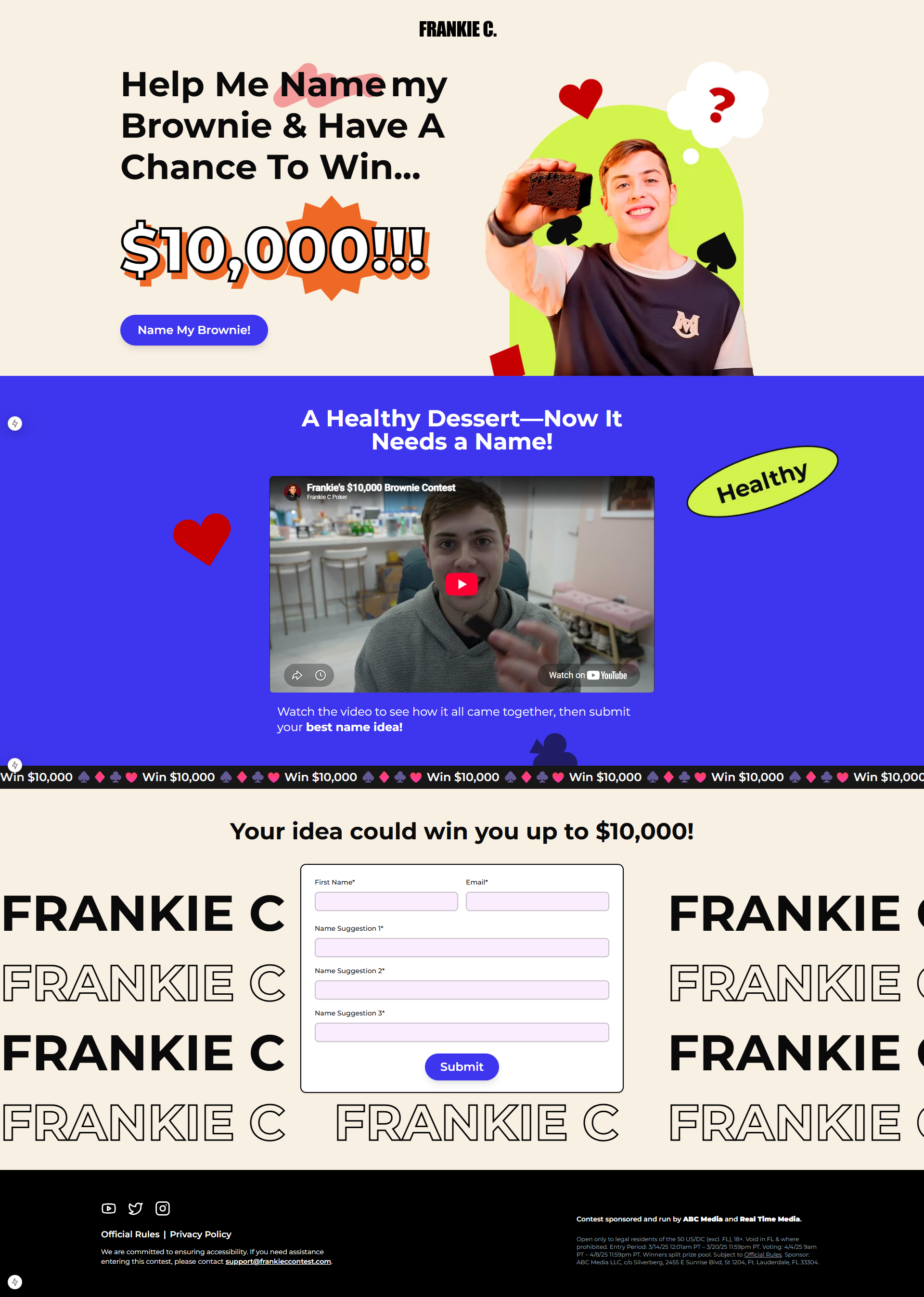 Full-page view of the US$10,000 All-In Brownie naming competition website