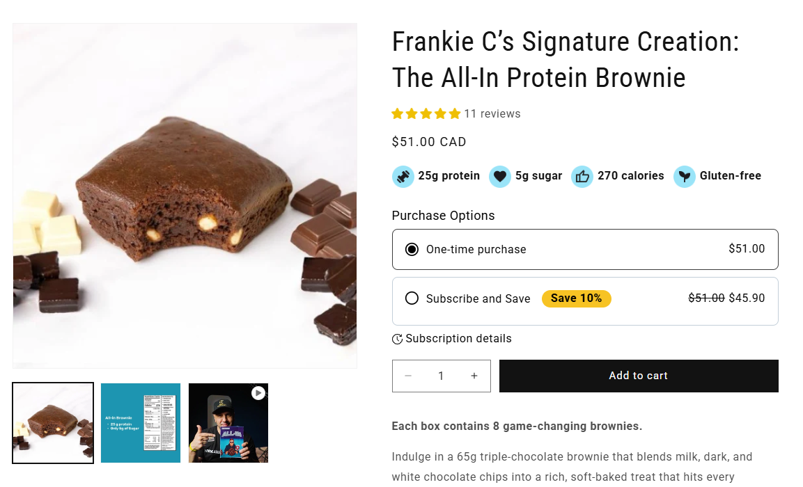 All-In Brownie Shopify product page with reviews, subscription options, and product details