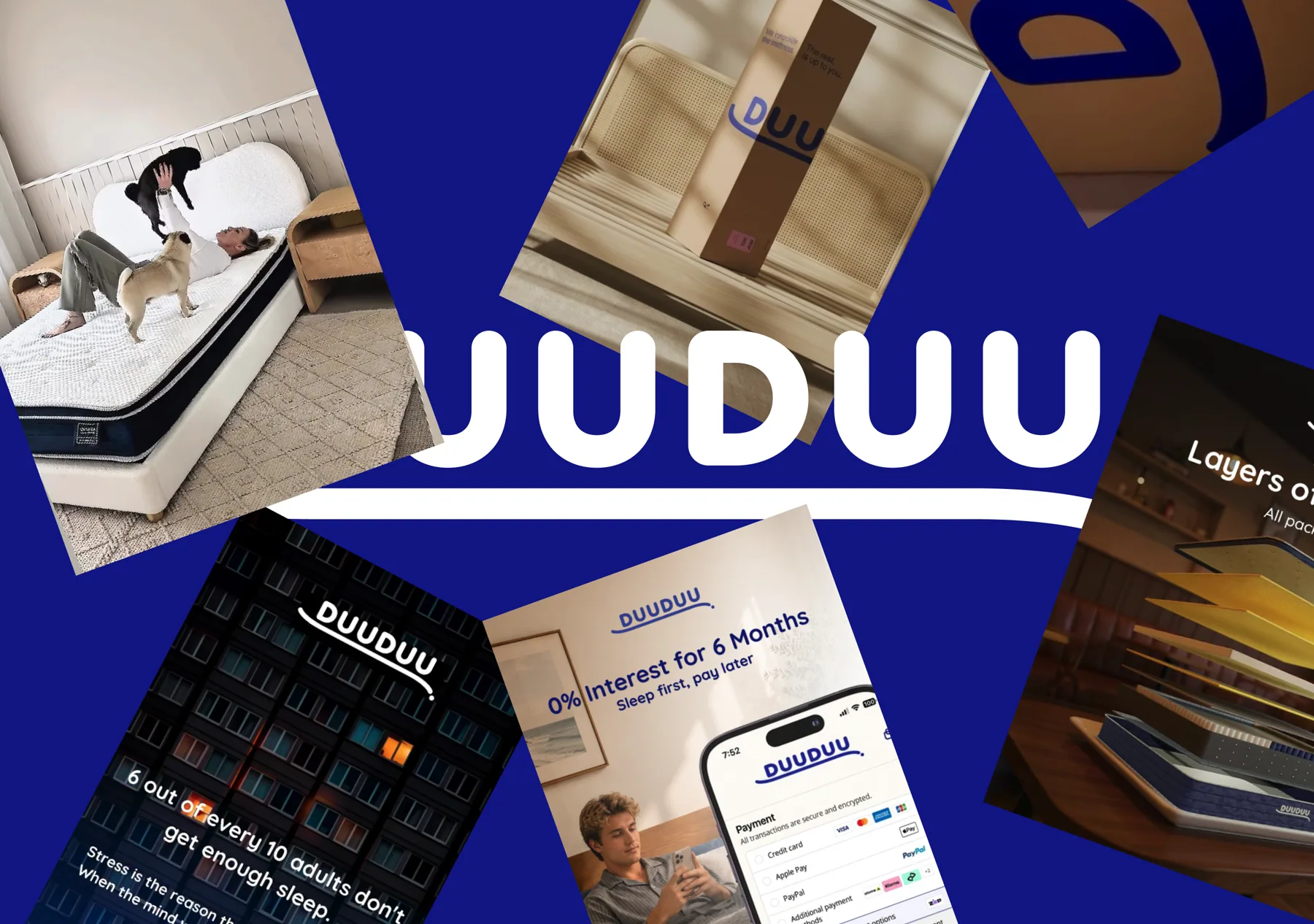 DuuDuu campaign collage featuring lifestyle, packaging, sleep education, payment, and product imagery