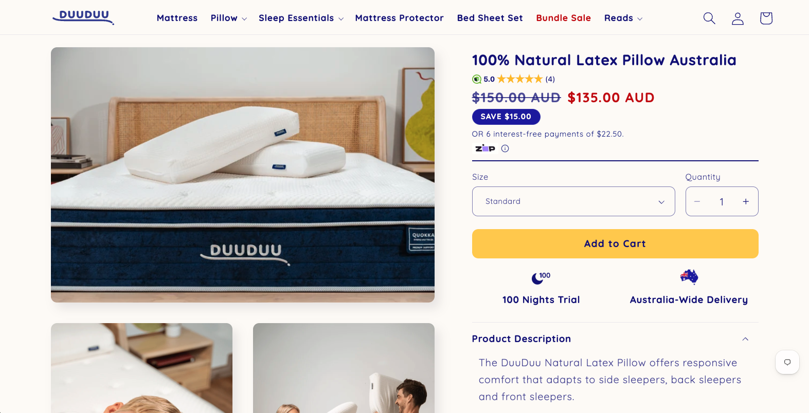 DuuDuu natural latex pillow product page showing reviews, pricing, payment options, delivery, and add-to-cart controls