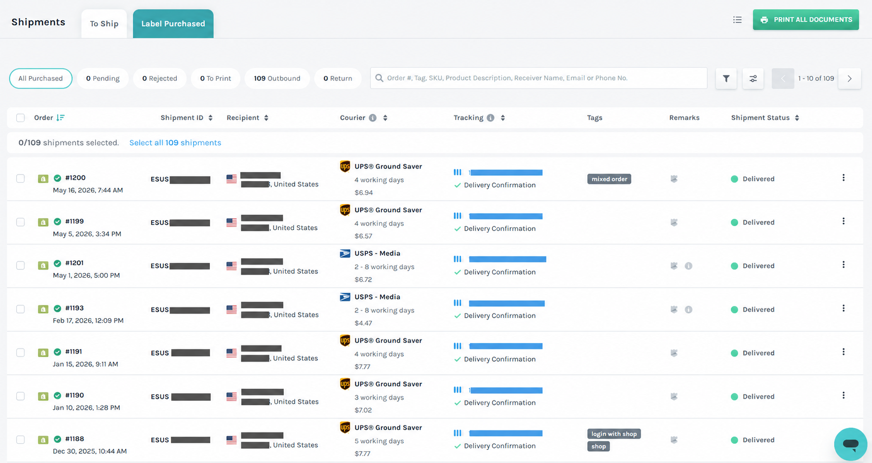 Fulfilment dashboard showing delivered customer shipments