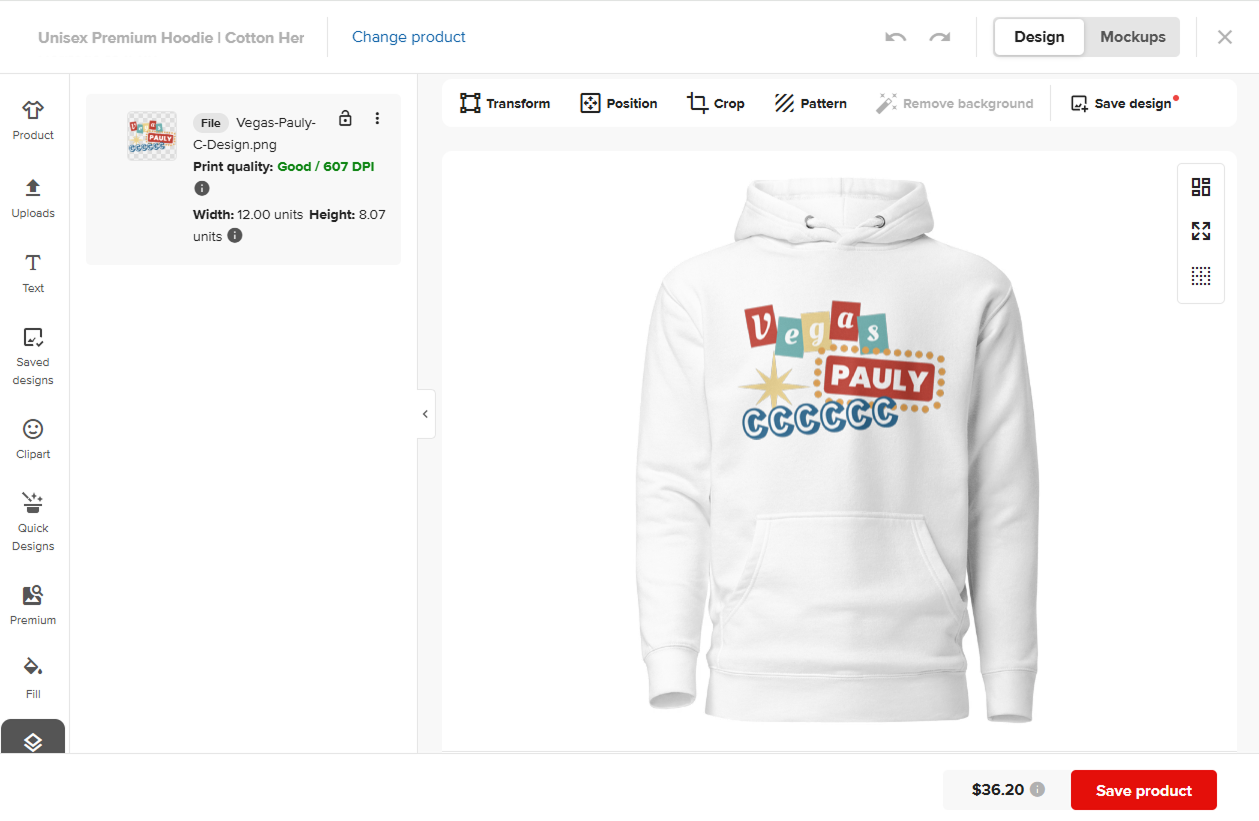 Vegas Pauly C hoodie artwork prepared in Printful
