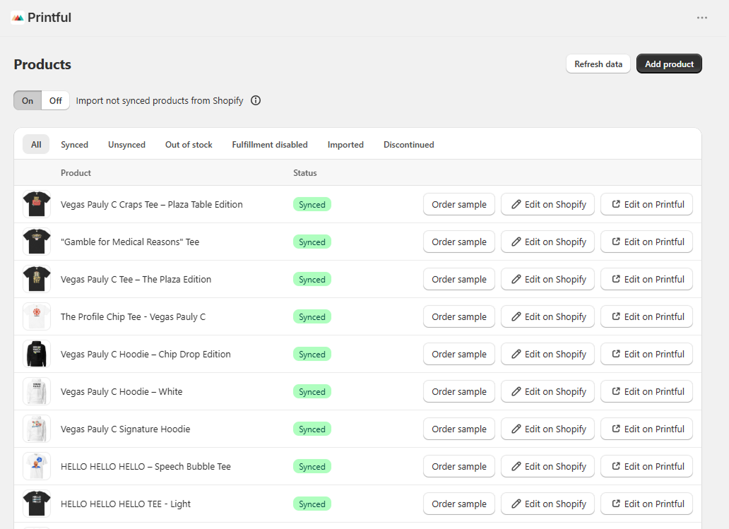 Printful product catalogue synced with Shopify
