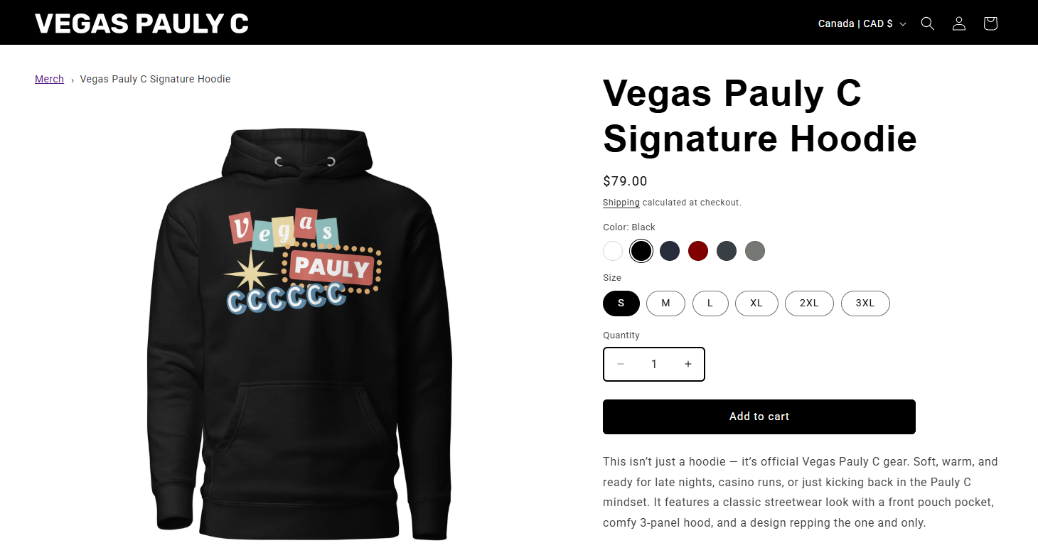 Vegas Pauly C hoodie product page with colour and size options