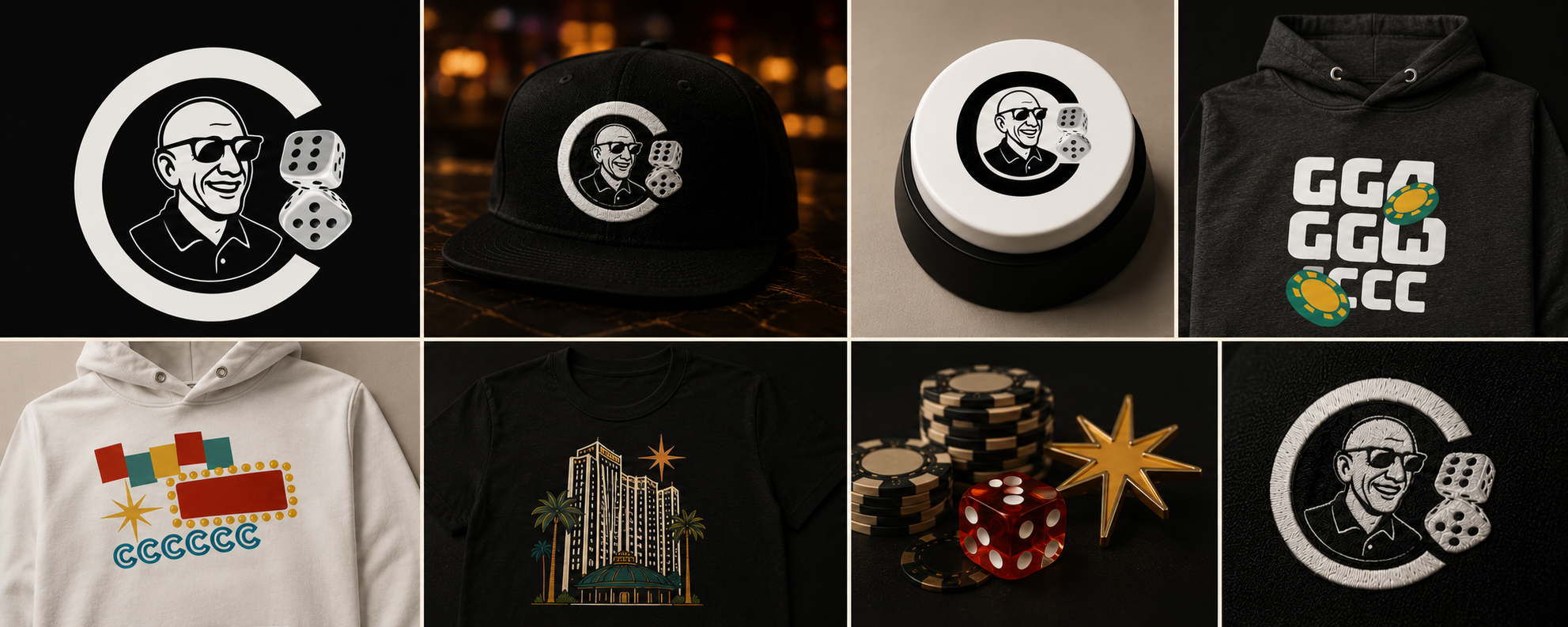 VegasPaulyC logo, merch designs, and brand direction collage