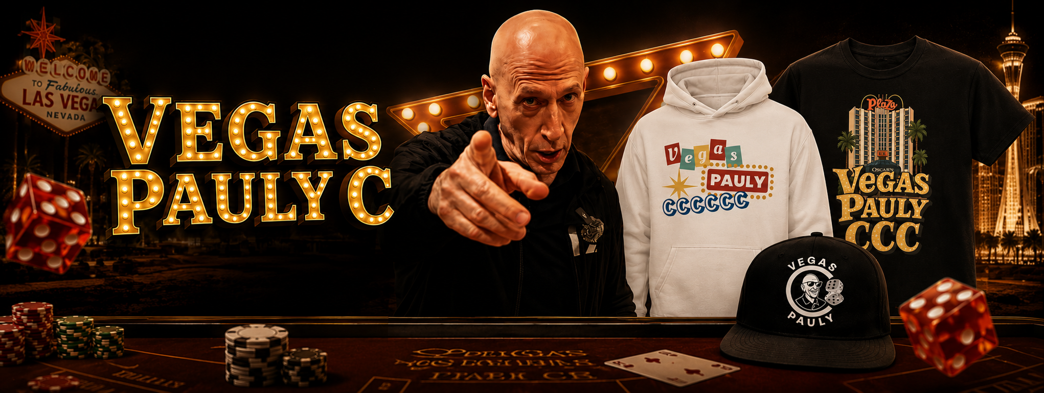 VegasPaulyC brand, homepage, and merch banner